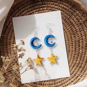 Blue and Yellow Moon and Star Earrings